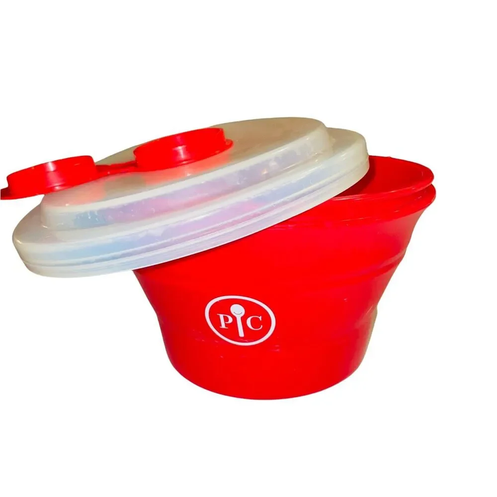 Pampered Chef Microwave Popcorn Maker Bowl Red Silicone Collapsible Lid 1457